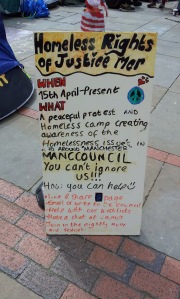 Placard at protest camp in St Ann's Square.